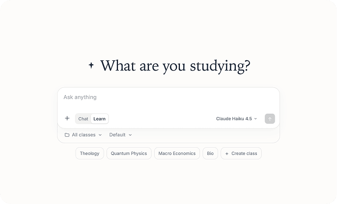 The Acutis home screen asking a student what they are studying, with a Chat and Learn switch