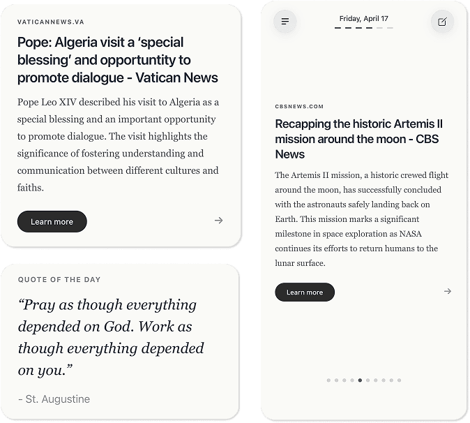 Morning Brew widget preview with Vatican News, quote of the day, and daily news cards