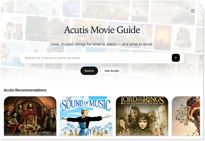 Acutis Movie Guide preview showing search and recommendations